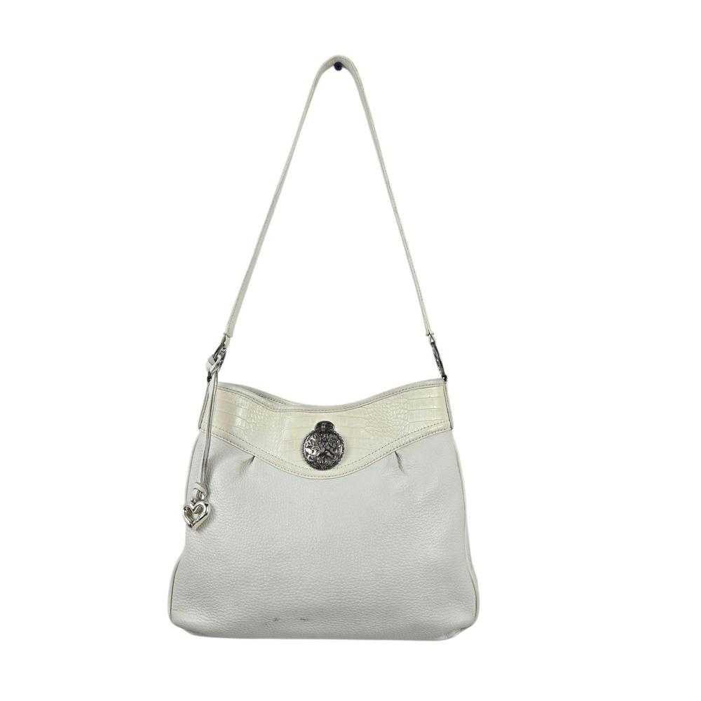 Vtg 90s Brighton Winter White Pebbled Leather Shoulder Bag E157320 Croc Embossed